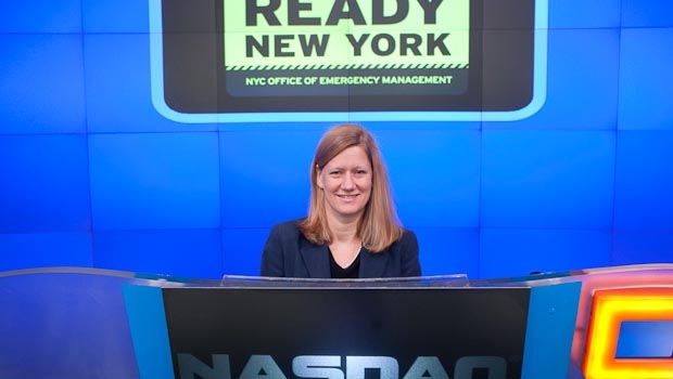 Christina Farrell helps open the NASDAQ MarketSite in Times Square for the New York City Office of Emergency Management. The September 2009 event was in honor of National Preparedness Month.