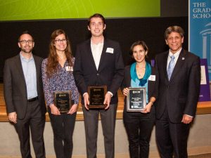 Brian Rybarczyk, director of Academic and Professional Development, The Graduate School; Kayla Peck, 3MT People’s Choice awardee; Nick Wagner, 3MT campus winner; Nicole Bauer, 3MT runner-up; and Steve Matson, dean of The Graduate School
