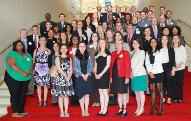 North Carolina graduate students and graduate education administrators pose on the steps of the N.C. General Assembly