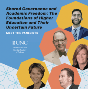 Shared Governance and Academic Freedom: The Foundations of Higher Education and Their Uncertain Future, Meet the Panelists, Royster Society of Fellows logo and panelist headshots