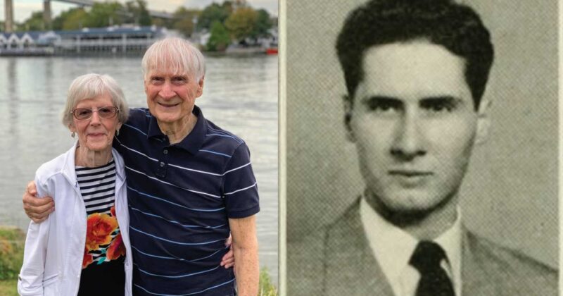 Two images side by side, one of Roy Smith and his wife Mary Alice standing in front of water, the other a black and white photo of Roy wearing a suit.